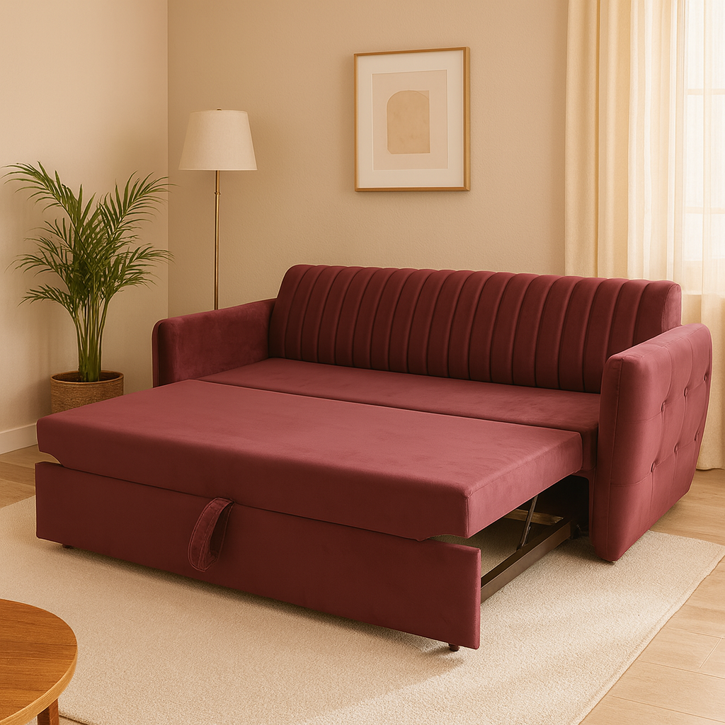Banshee Suede Pull Out Sofa Cum Bed in Wine Red